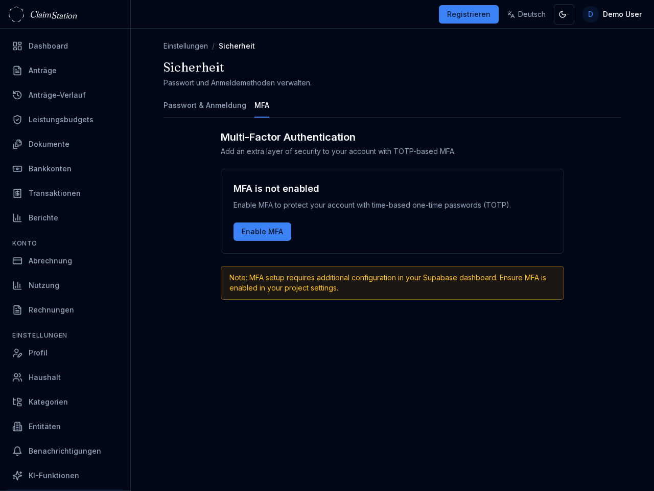 ClaimStation Settings Security MFA